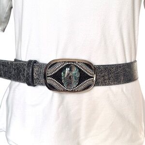 Leatherock Black Crackle Leather Belt Embellished Oval Buckle